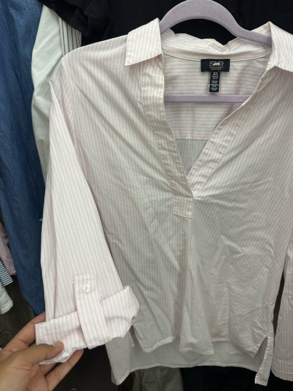 Jones New York Pale Pink Striped Popover Blouse - Picture 2 of 5